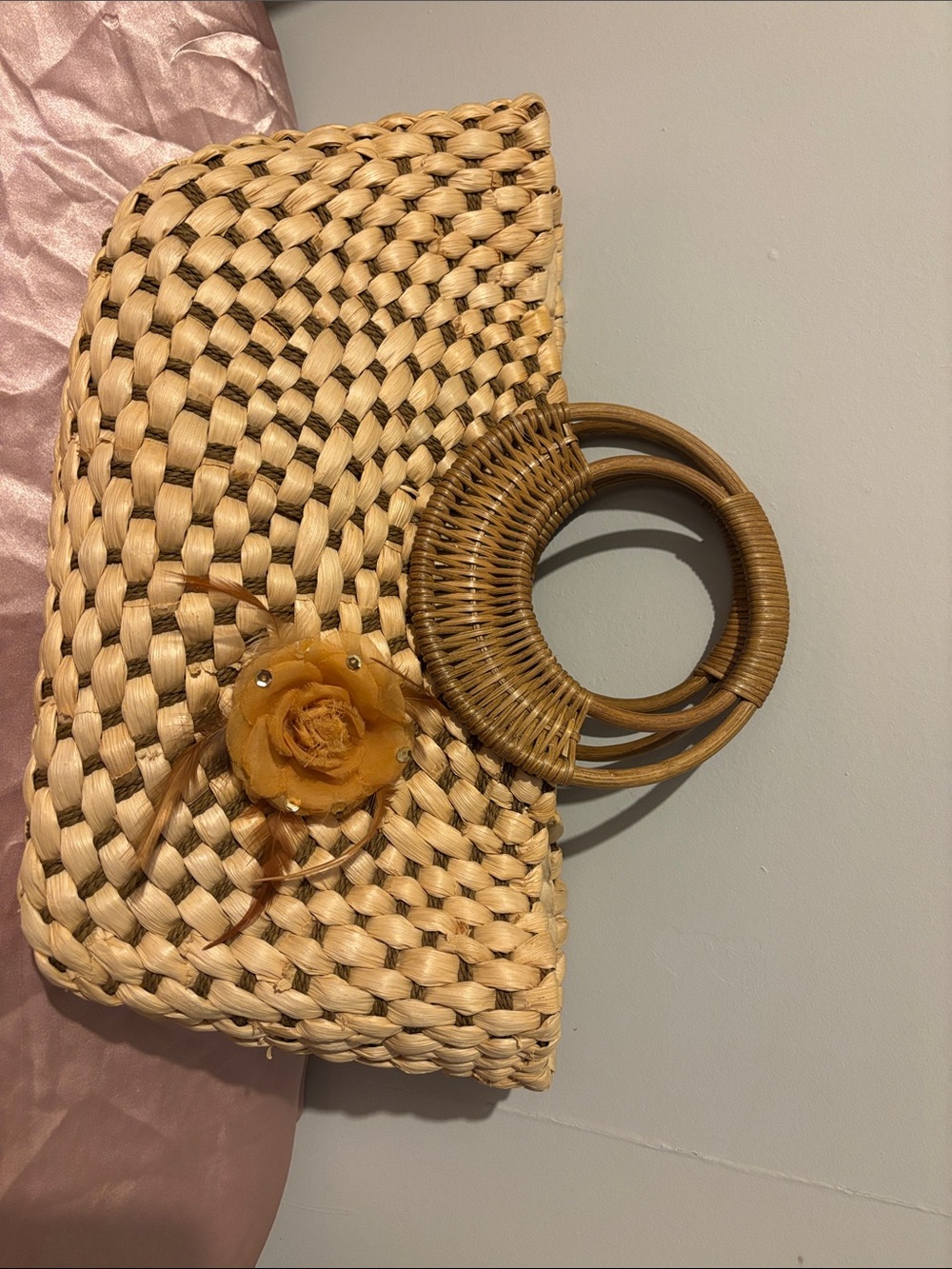 Woven Straw Clutch with Mustard Floral Accent and Rattan Handles